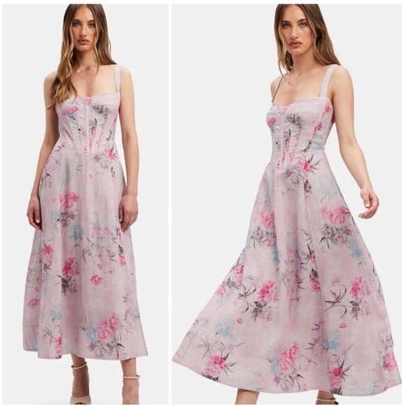 Bardot XS Adeline Brodarie Corset midi dress in Garden Floral pink - Picture 2 of 7